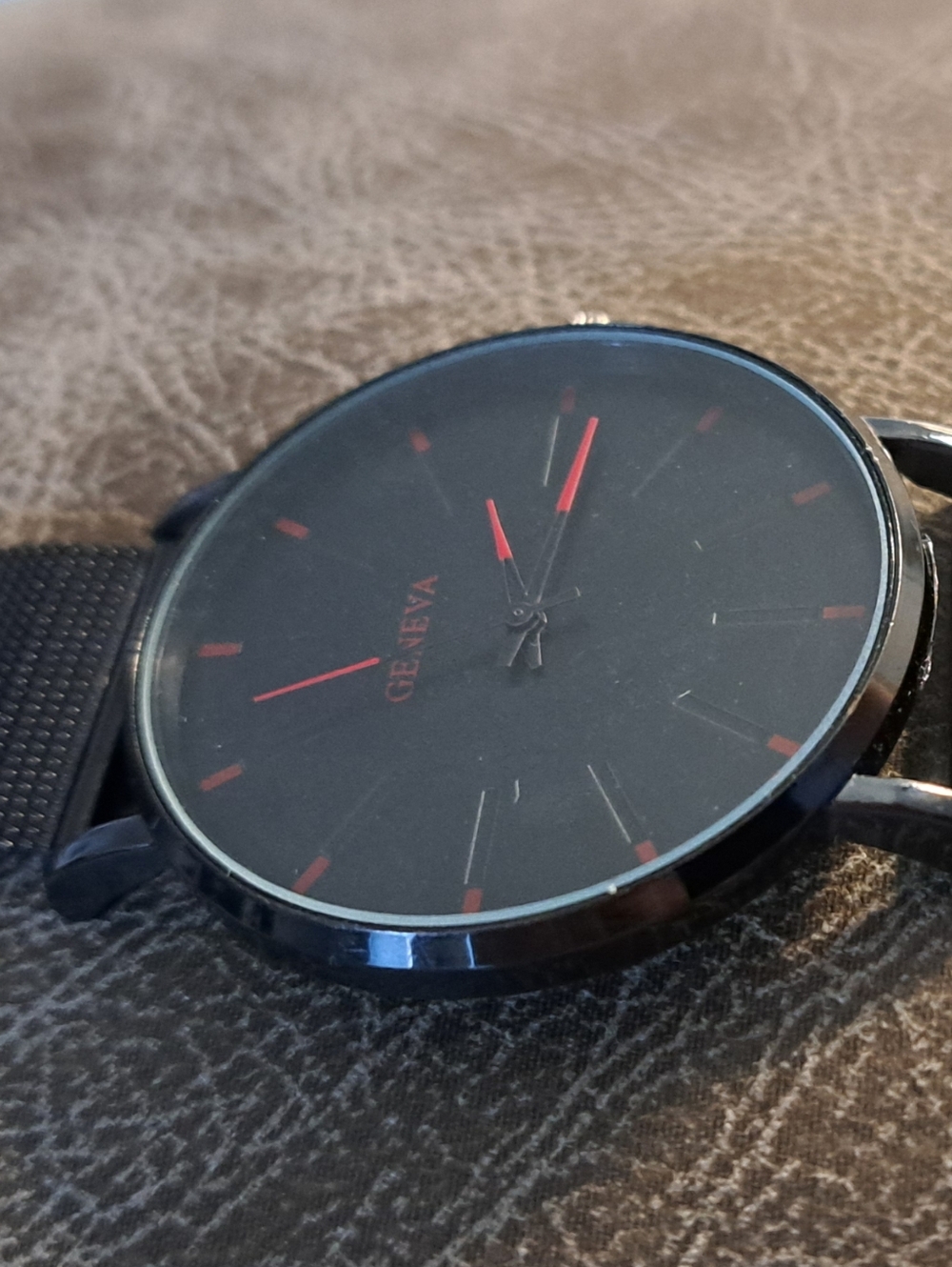 Geneva Black Mesh Men's Watch with Red Markers